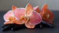 Delicate coral-pink orchid blooms with speckled petals arranged on dark vanilla pods, creating soft contrast against black background. Macro photography for spa decor.
