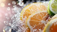 Fresh citrus slices with water drops and splashes in macro photography, orange and lime segments with bubbles on blurred background.