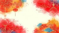 Traditional red lanterns and ornate clouds frame colorful watercolor background for lunar new year celebrations and festive greeting cards.