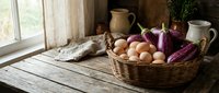 Fresh farm eggs and purple cabbage in wicker basket on rustic wooden table with ceramic pitchers and herbs creating cozy farmhouse kitchen atmosphere.