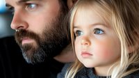 Close up portrait of young blonde girl with bright blue eyes next to bearded man, showing family bond and tender relationship between father and daughter in natural light.