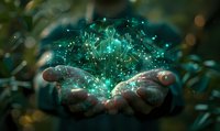 Magical glowing turquoise particles and light streams float above cupped hands in dark environment, creating ethereal atmosphere with bokeh effect and network connections.