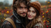 Young couple in warm autumn clothing embracing outdoors with blurred fall flowers in background, sharing intimate romantic moment in nature setting.