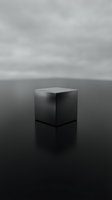 Minimalist black cube on reflective surface with overcast sky backdrop, suitable for abstract design, branding, and conceptual projects.