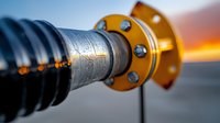 Industrial pipeline connection with orange metal flange and black rubber hose against blurred sunset background, closeup view of manufacturing equipment.