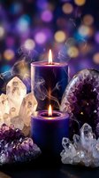Purple candles burning with mystical smoke surrounded by amethyst geode and clear quartz crystals against colorful bokeh background for spiritual healing.