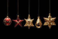 Elegant Christmas ornaments in red and gold hanging against black background, featuring ball, stars, and teardrop shapes for holiday decor.