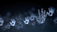 Digital network handprints floating in dark space with glowing particles and connecting lines creating futuristic technology visualization effect on black background.