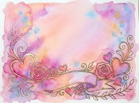 Watercolor romantic frame with ornamental hearts, roses, and flourishes in soft pink, purple, and blue tones. Isolated design element suitable for invitations, greeting cards, and wedding stationery projects.