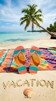 Colorful flip flops on a tropical sandy beach with vacation written in sand, seashell, palm tree, and turquoise ocean in background.