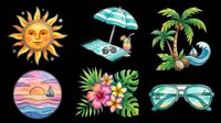 Sunny beach vacation clipart collection with smiling sun, umbrella, palm trees, sunset ocean scene, tropical flowers and sunglasses isolated on transparent background. Ready for t-shirts, stickers, print-on-demand and sublimation designs.