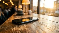 Smartphone on wooden table in cozy cafe with warm lighting and blurred background during golden hour sunset for mobile technology and lifestyle concepts.
