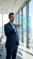 Caucasian male professional in dark business suit interacting with digital checkmark interface on glass panel in modern high-rise office, representing business solutions and technology adoption.