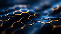 Abstract technological hexagonal pattern with glowing golden edges on dark blue background, futuristic network structure with depth of field effect for tech presentations.