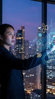 Asian businesswoman interacting with futuristic holographic interface technology against city skyline at night for digital transformation concepts.