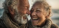 Happy elderly couple laughing together outdoors, senior man and woman sharing joyful moment, authentic emotions, love and companionship in golden years.