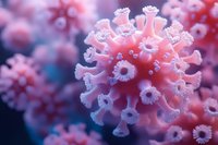 Microscopic view of pink coronavirus cell structure with detailed spike proteins against dark blue background, showing scientific molecular detail.