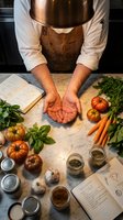Male chef in leather apron presents cupped hands over marble counter with fresh vegetables, herbs, spices jars and handwritten recipe notebooks.