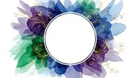 Watercolor floral frame with purple blue green brushstrokes and golden swirls surrounding white circle for text or logo design.