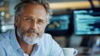 Mature professional man with gray hair and beard wearing glasses smiles confidently while working at desk with coffee cup and computer screens in modern office setting.