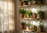 Cozy indoor plant display on wooden shelves with natural sunlight filtering through curtains creating peaceful home garden atmosphere.