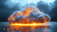 Dramatic glowing cloud formation with orange fire effect reflecting on wet surface against stormy sky background with rain, creating atmospheric fantasy scene.