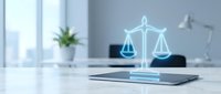 Holographic scales of justice glowing above tablet on modern office desk with window view, symbolizing legal technology and law practice.