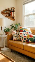 Warm mid-century modern living room with cognac leather sofa, colorful geometric pillows, wooden wall shelf, potted plant, side table lamp, and natural light from large window.