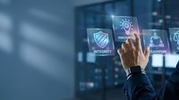 Businessman hand touching digital interface with integrity, innovation, and teamwork icons on blue background for corporate security solutions.