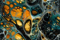 Abstract fluid art background with swirling patterns in deep teal and golden orange colors, perfect for luxury design projects and modern wall art decoration.