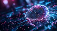 Glowing futuristic brain on circuit board with pink and blue neon lights, digital neural network concept representing artificial intelligence and machine learning.
