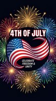 Fourth of July celebration poster with American flag and colorful fireworks display on dark background for Independence Day patriotic holiday design.