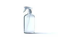 Clear glass spray bottle with trigger sprayer on white background, minimalist design for cleaning products, cosmetics or household solutions. Isolated product photography.