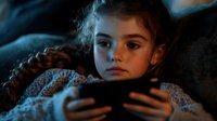 Young girl with curly hair lying on couch in dark room illuminated by blue light from mobile device screen, depicting modern childhood and screen time concept.