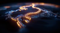 Aerial night cityscape with glowing streets forming curved pattern, illuminated urban infrastructure and buildings creating abstract light trails. For city planning.