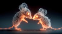 Glowing ethereal mice silhouettes facing each other, created with light painting technique against dark background.