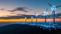 Wind turbines generating renewable energy at sunset with digital network connections representing smart grid technology and sustainable power solutions.