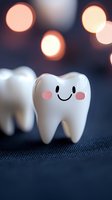Cute smiling tooth figurine with rosy cheeks on dark textured background with soft bokeh lights, dental care concept for children's dentistry and oral health education.