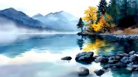 Serene mountain lake landscape with golden autumn trees, misty peaks, and rocky shoreline reflecting in calm turquoise waters. Perfect for nature and travel designs.