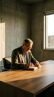 Mature Caucasian male professional wearing glasses and brown cardigan, writing in notebook at wooden desk in minimalist concrete office space with natural window light.