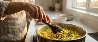 Person in linen apron stirring yellow rice pilaf in pot, cooking traditional grain dish in bright kitchen with natural window light.
