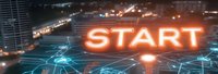 Glowing orange neon start text on dark background with connected network nodes and lines creating futuristic technology concept for business beginnings.