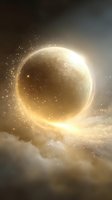 Glowing golden sphere floating above mystical clouds with sparkling particles and light rays creating ethereal atmospheric scene in warm tones.
