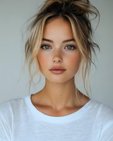 Young Caucasian woman with messy blonde updo hairstyle, natural makeup, and blue eyes wearing white t-shirt against light background in minimalist portrait style.
