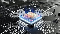 Futuristic microprocessor chip with glowing circuits and data connections on dark circuit board background for technology and computing concepts.