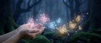 Hand releasing glowing butterflies in enchanted forest setting, symbolizing freedom, transformation, and magic for wellness, spirituality, and nature-themed designs.