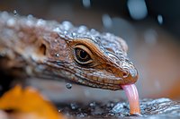 Close-up macro photograph of brown lizard head with water drops, showing detailed scales, eye, and pink tongue against blurred background with bokeh effect.