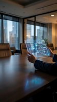 Business professional using transparent tablet with holographic network interface in modern office conference room for digital transformation presentations.