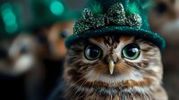 Adorable owl wearing sparkly green crown with festive bokeh lights background for holiday celebrations and party decorations.
