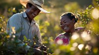 Two farmers harvesting fresh produce in sunny garden, man wearing straw hat and woman in purple shirt smiling while picking vegetables together outdoors.